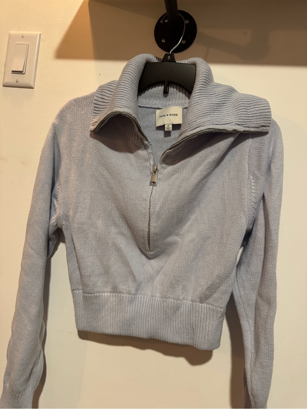 Pink Rose Pale Blue Half-Zip Cropped Turtleneck Sweater